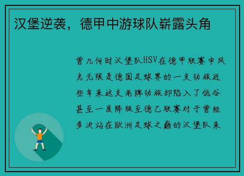 汉堡逆袭，德甲中游球队崭露头角