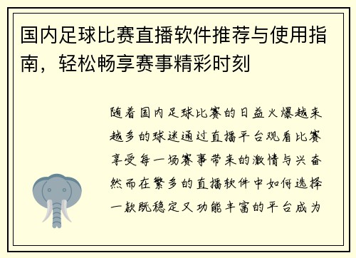 国内足球比赛直播软件推荐与使用指南，轻松畅享赛事精彩时刻